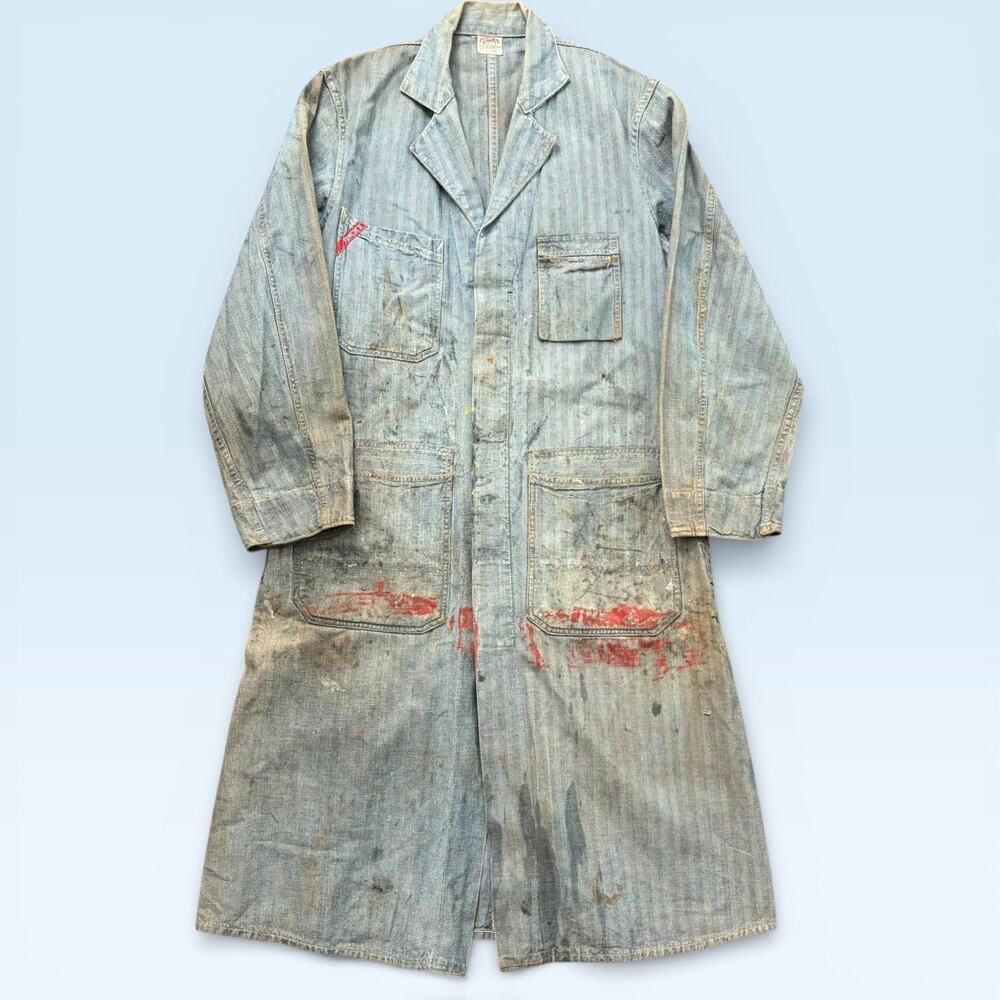 Vintage Finck's Coat Mens 40 Blue Herringbone Denim Shop Coat Workwear Overcoat